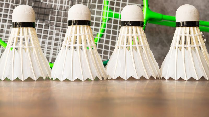 Volantes de bádminton alineados en el suelo